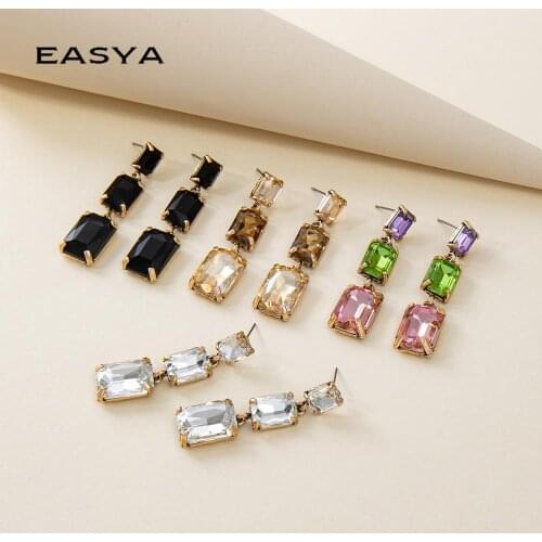 EASYA Diamond Earrings New Wedding Accessories Womens Earrings Retro Crystal Square Mixed Color Earrings
