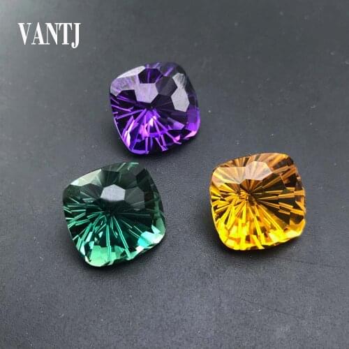 VANTJ Big Stone 14ct Citrine Loose Gemstones Amethyst Green Crystal Cushion Firework Cut 15mm for Women Silver Gold Diy Jewelry