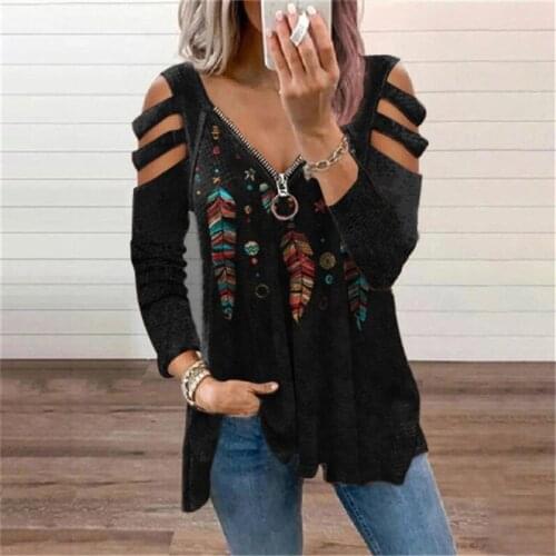 2021 Autumn Blouse Lady Long Sleeve Hollow Out V-Neck Zipper Shirt Women Casual Feather Print Tops Fashion Pullover Loose Shirts