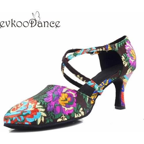 Evkoodance latin dance shoes Professional heel height 7cm Women ballroom Shoes flower Size US4-12 Evkoo-619