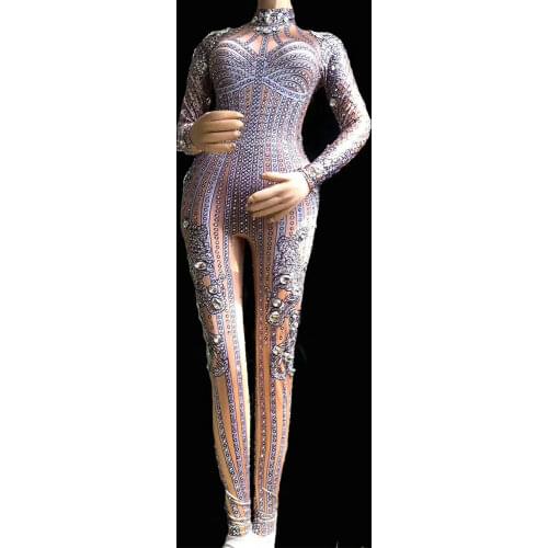 Sparkly Diamonds Women Long Sleeve Ribbon Print Jumpsuits Pole Dancing Performance Stage Wear Evening Prom Fashion Bodysuits