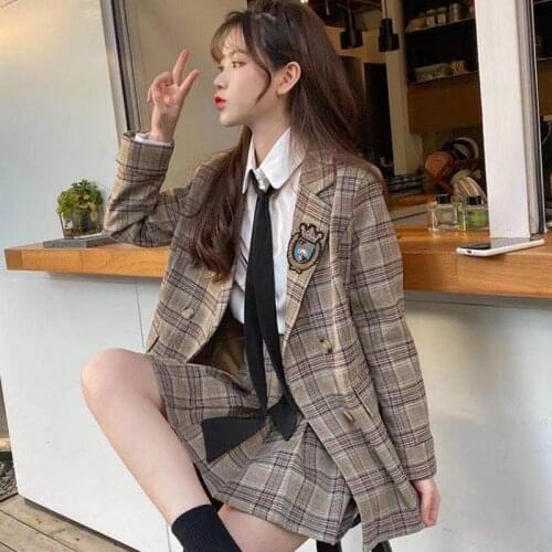 Plus Size Womens 2021 Spring New Korean Style Plaid Jacket Shirt Suit Pleated Skirt Three-piece Suit