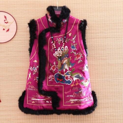 High-end Winter Women Vest Top Stitching Rabbit Hair Chinese Style Retro Embroidery Birds Elegant Lady Vest Warm Female S-XXL