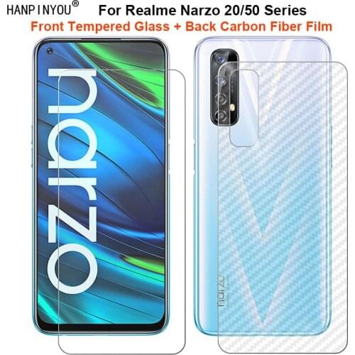 For Realme Narzo 20 / Pro / 20A 1 Set = Soft Back Carbon Fiber Film + Premium Tempered Glass Front Screen Protector