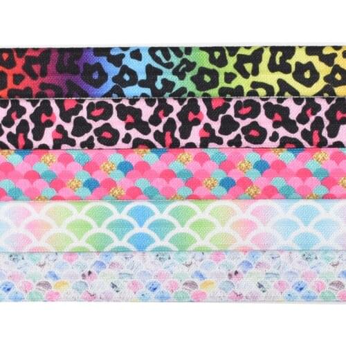 5/8"16mm 25mm heat transfer printed leopard mermaid scale FOE fold over elastic ribbon 100yards welcome custom printed