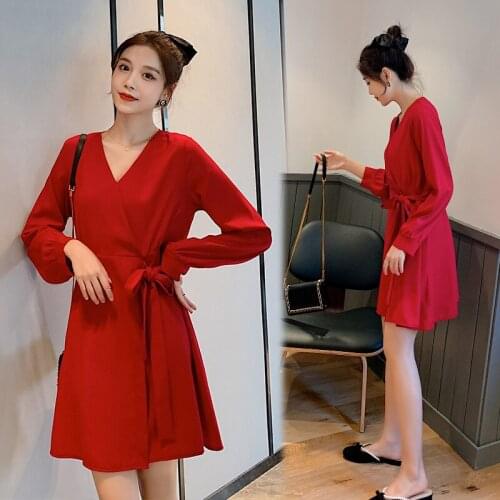 8306# Maternity Clothes Spring Autumn V Neck Long Sleeve Easy Matching Loose Stylish Dress for Pregnant Women Mom Dress
