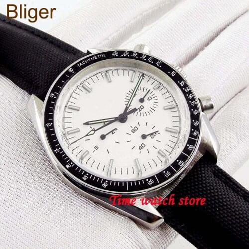 40mm Bliger multifunction automatic watch men Date Week display waterproof white strile dial leather canvas strap