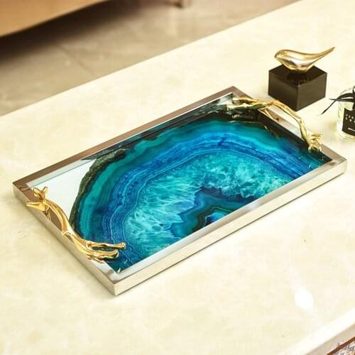 Dressing Table Ornament Storage Tray Blue Agate Stone Pattern Rectangular Tray Luxury Home Decoration Coffee Table Storage Tray