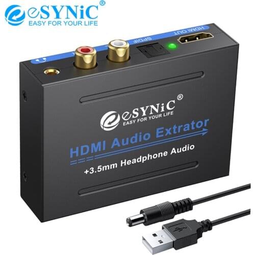 ESYNiC 1080P HDMI-Compatible To HDMI-Compatible Optical TOSLINK SPDIF + RCA 3.5mm Headphone Audio Extractor Converter Splitter