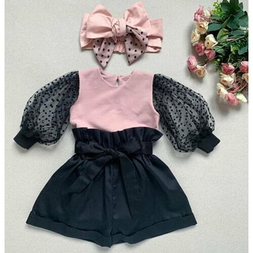 Infant Baby Girl Kid Cute Clothes Set Puff Sleeve Dot Printed Top T-shirt + High Waist Shorts Headdress Outfit Clothes Sets