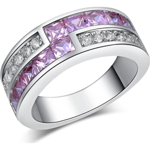 Hainon Luxury Wedding Rings for Women Engagement Pink & Clear Cubic Zirconia Jewelry with Austrian Crystal Silver Color Rings