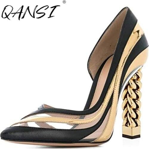 Customization Women Gold Metal Chain Chunky High Heels Pointed Toe Slip on Womens Pumps Handmade Unique Ladies Shoes Size 34-45