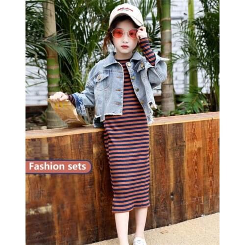 Spring Girl Clothes Set Striped Long Dresses + Casual Tops Long-sleeved Denim Jacket 2 Piece Autumn Kids Clothing Sets