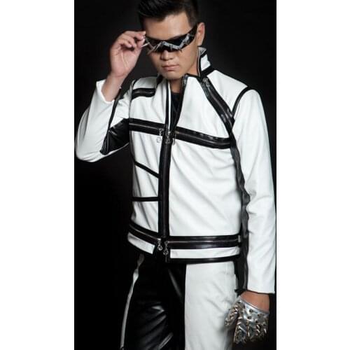 Black white splice fashion Motorcycles short pu faux leather jacket men Singer 1 mens leather jackets and coats Customizable