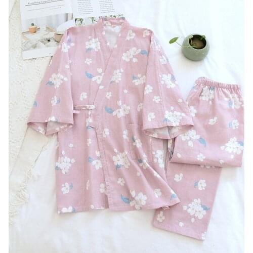 Summer Japanese Ladies Kimono Pajamas Thin Cotton Gauze Sleepwear V-Neck Floral Printing Lounge Wear Thin Loose 2 Piece Set
