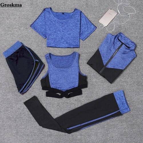 Hot sale women quick dry 5 pieces set patchwwork coats+t shirt+sexy bra+shorts+leggings fitness gym yoga sets running sportswear