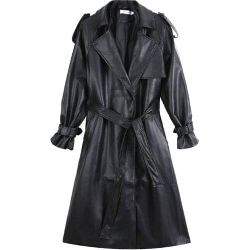 Fashion Long black leather trench coat for women long sleeve belt lapel Women fashion 2021 Luxury spring British Style outerwear