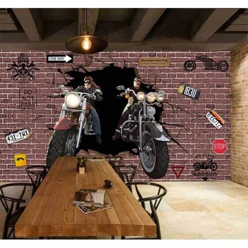 Retro Brick Wall Papers Murals 3D Motorcycle Background Photo Mural Wallpaper Home Bar Decor Self Adhesive Vinyl/Silk Wallpapers