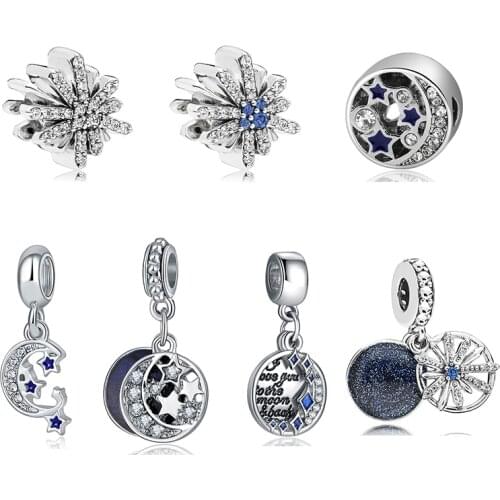 New Original Alloy Bead Blue Night Sky Star Moon Dangle Charm Fit Bracelet Bangle DIY Women Jewelry