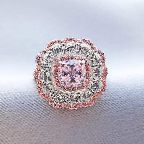 100% 925 Sterling Silver Flower Design 6*6MM Pink Wedding Gemstone Ring Engagement Ring High Jewelry