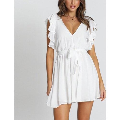 Pure Color Simple Chiffon Sleeveless V-neck Tie Dress Female Fashion Ruffle All Match Mini Female 2021 New Summer Short Dress