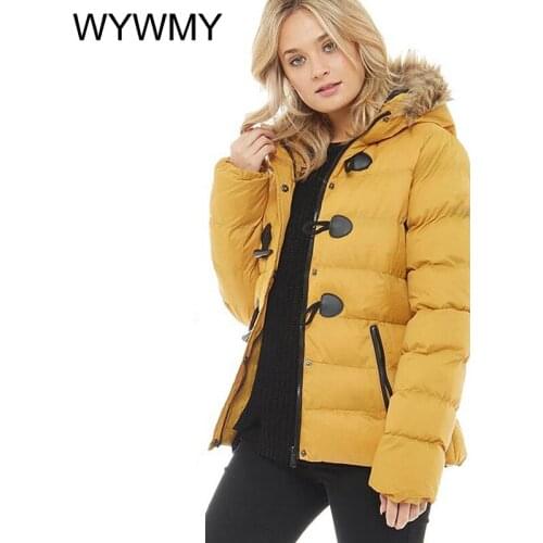 WYWMY Winter Snow Coat Women Parkas Casual Fur Collar Horn Buckle Parkas Cotton Solid Jacket Female Hooded Coats Warm Clothes