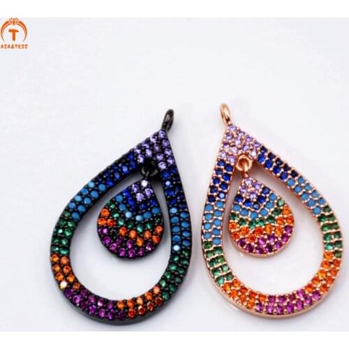 ASA&TESS Micro Pave Turquoises Stone tear drop Pendant Pave rainbow CZ tear drop Charm cubic zirconia black rose gold colors