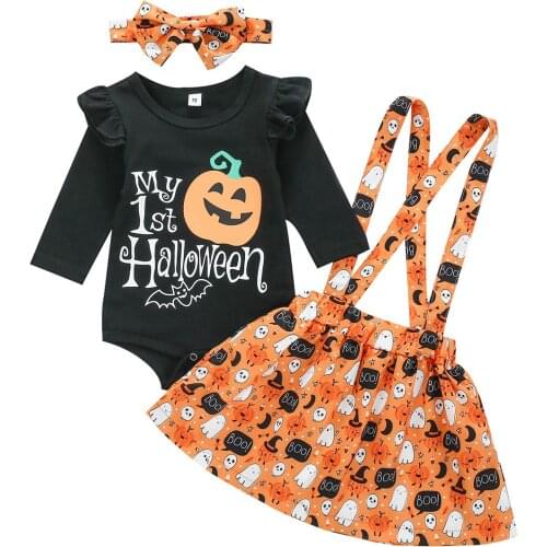 Newborn Baby Girls Casual Kids Clothes Halloween Print Romper Suspender Skirt Hairband Outfits Set 0-24 Months Toddler Clothing
