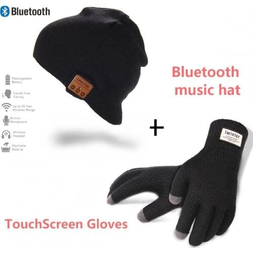 Fashion Beanie Hat Wireless Bluetooth Earphone Smart Headset Speaker Mic Winter Outdoor Sport Stereo Music Hat + Touch Gloves