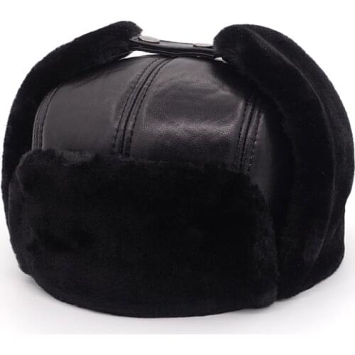 Genuine Leather Bomber Hat Middle Elderly Men Winter Thicken Plus Velvet Warm Cap Sheepskin Fashion Outdoor Male Black Hats H263