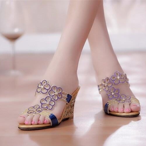 2020 New Summer Style Sexy Womens Slides Rhinestone Wedges High Heels Stiletto Flowers Slipper Party Dress Ladies Shoes C0048
