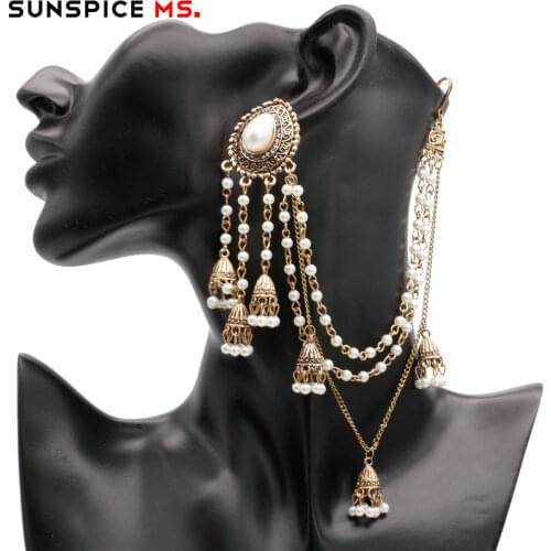 SUNSPICEMS Indian Earring Link Headdress Jewelry Handmade Bead Chain With Metal Pendant Antique Gold Color Fashion Bridal Bijoux
