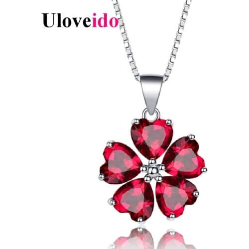 Uloveido Red Heart Necklaces & Pendants Cubic Zirconia Pendant Necklace Women 925 Sterling Silver Jewelry with Box Chain YJ371