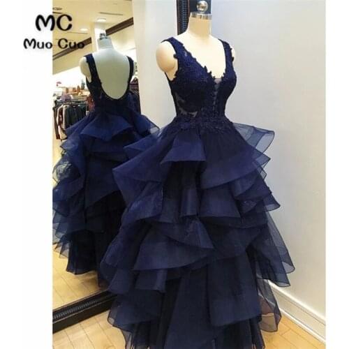 2021 Navy Blue V Neck Evening Dress A Line Lace Top Floor Length Elegant Plus Size Evening Prom Party Gowns