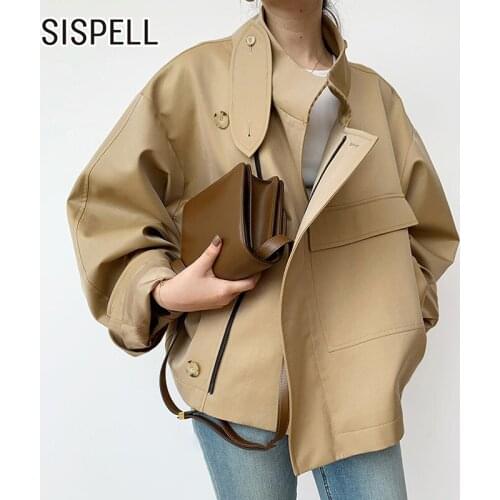 SISPELL Pure Color Casual Womens Windbreaker Jacket Stand Collar Long Sleeve Big Pocket Loose For Female Windbreaker Autumn