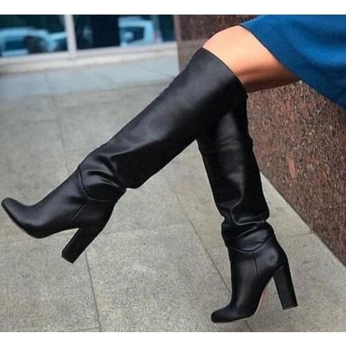 Woman Wide Calf High Block Heels Long Boots Black Brown Matte Leather Runway Fashion Ladies Chunky Heels Slip-On Knee High Boots