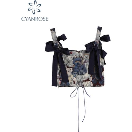 New 2021 Korean Cute Little Bear Jacquard Bow Suspender Vest Womens Summer New Style Printed Sleeveless Ladies Crop Tops