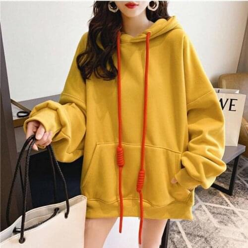 Winter Fashion Women Hoodie Solid Color Drawstring Plus Velvet Sweatshirt Long Sleeve Loose Female Mid-length Casual Pullover