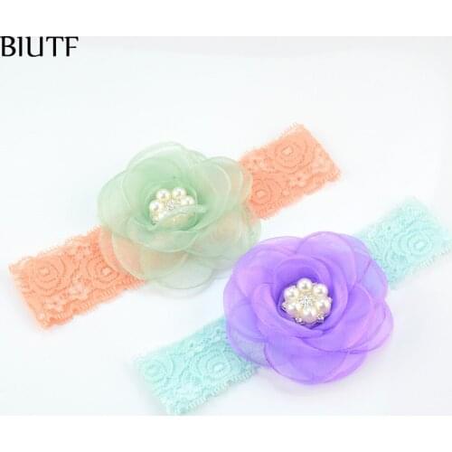 17pcs/lot Newborn Headband Chiffon Lace Hairband with Snow Silk Flower and Rhinestone Button Hair Accessories FD211