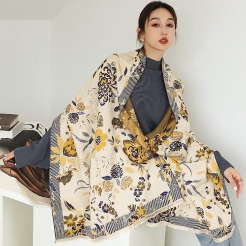 2021 Floral Print Scarf Women Warmer Winter Cashmere Pashmina Scarf Shawls Female Thick Blanket Wraps Foulard