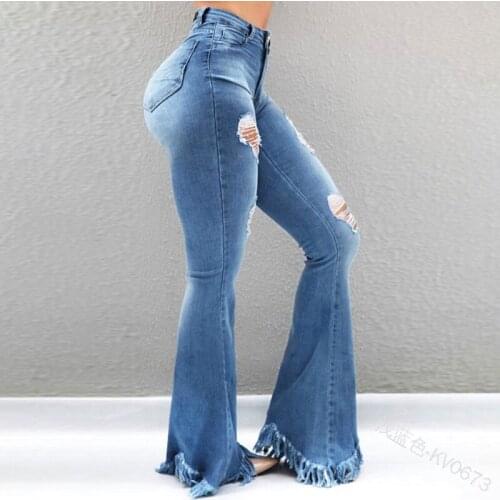 2021 New Weigou Ladies Denim Flare Jeans Women ripped Jeans Denim Skinny Pants Female Wide Leg Hole Jeans
