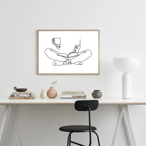 Abstract Line Drawing Wall Art Poster Drink Coffee Read Book Art Prints Black And White Canvas Painting Minimalist Home Decor