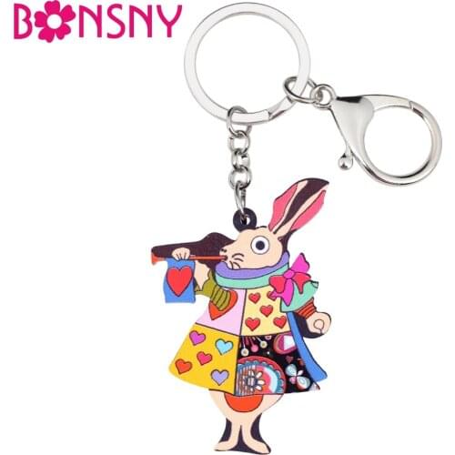 Bonsny Acrylic Floral Lovely Fairy Tale Rabbit Key Chains Anime Keyrings For Women Girl Ladies Handbag Car Charms Animal Jewelry