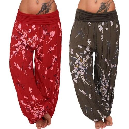 Cotton womens pants loose size wide leg pants Elastic Mid waist Floral Print pants straight pants Linen Pants woman pants