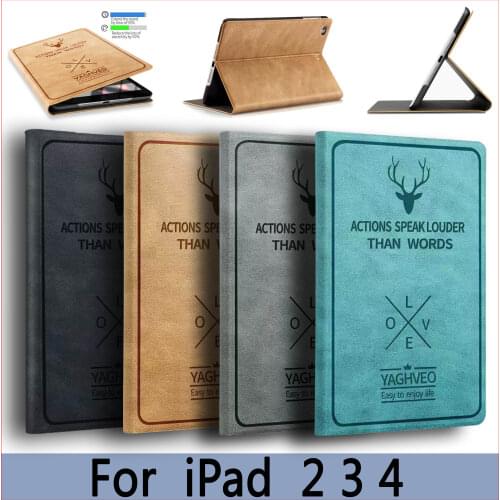 ZAIWJ Deer Retro Pattern Case for iPad 2 3 4 Smart Sleep Auto Wake Up Flip Case 3D Relief cover Leather Stand shell