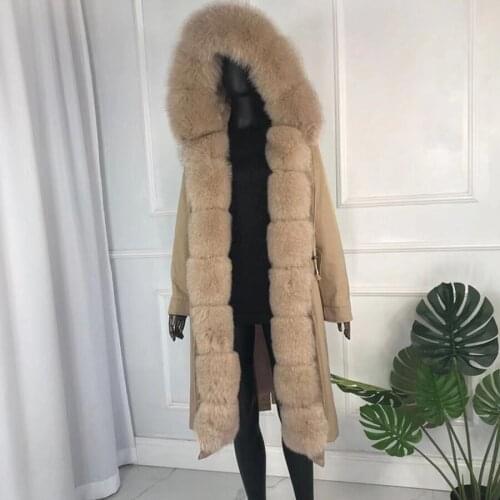 Long parkas coat women winter warm fashion fur parkas natural big fluffy fox fur collar rabbit fur liner hooded jacket Casual