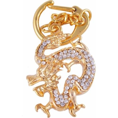 Feng shui Bejeweled Golden Dragon Amulet KeyChain+Gift Box W1167