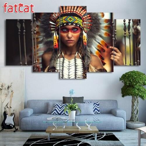 FATCAT 5 Panel Indian Feather Girl Diy Diamond Painting Full Square Round Drill Diamond Embroidery Sale Home Decoration AE935