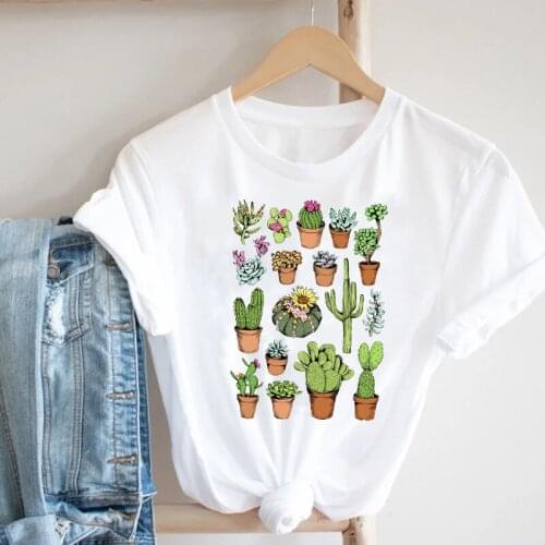 Women Printing Cactus Flower Style Plant Casual Summer Spring 90s Fashion Clothes Print Tee Top Tshirt Female Graphic T-shirt