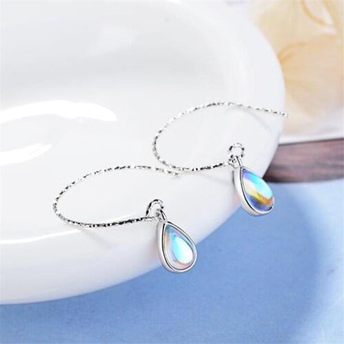 Beautiful New Korean Fashion Female 925 Sterling Silver Jewelry Moonstone Ear Hook Water Shaped Crystal Dangle Earrings SE504
